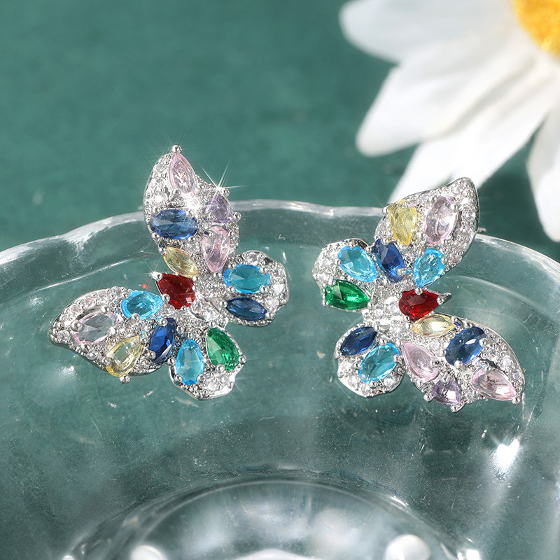 Colorful Butterfly Stud Earrings with Zirconia